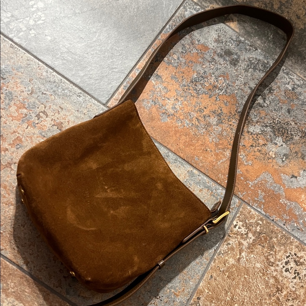Quince Suede Crossbody Bag in Brown with Tan Strap - Picture 4 of 10